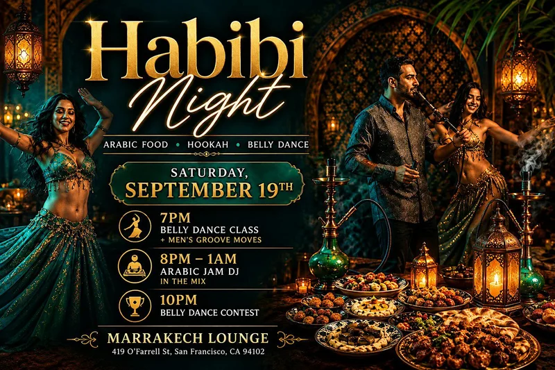 Cover image for Habibi Night | Belly Dance Show and Contest | Hookah  Party | Arabic Food